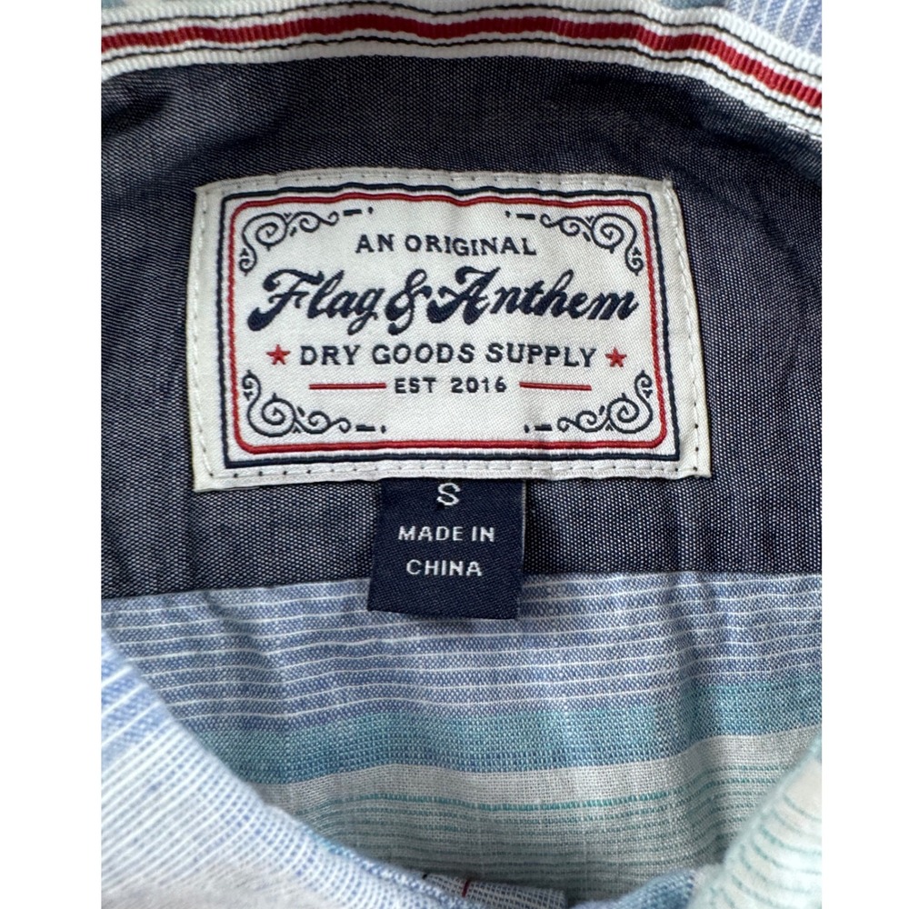 Flag & Anthem Shirt Mens S Blue Stripe Button Up Casual Preppy Summer Beach Top - Picture 2 of 10